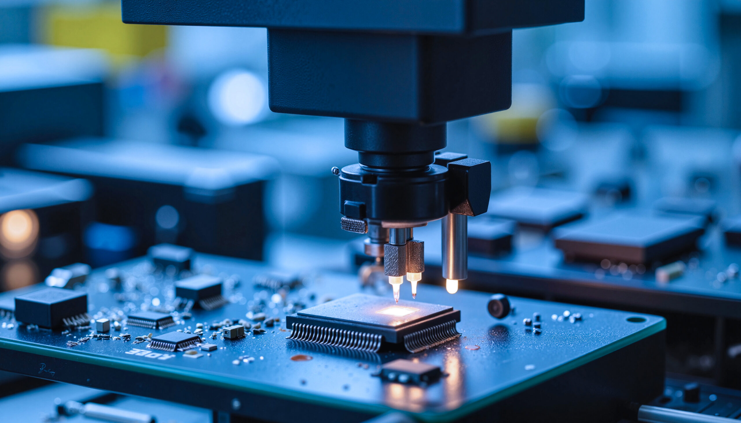 Microchip Assembly Process With Machinery In A Technology Lab