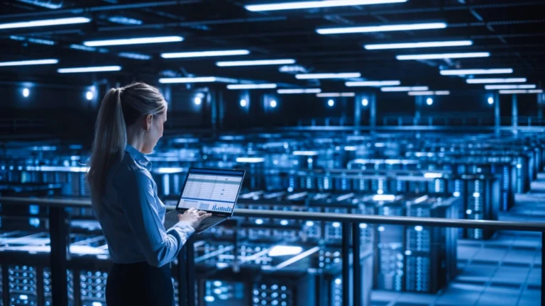 A Woman Working With A Data Center