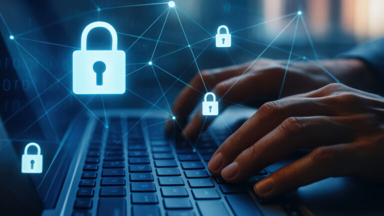 Cybersecurity Concept With Glowing Padlock Icons On Laptop
